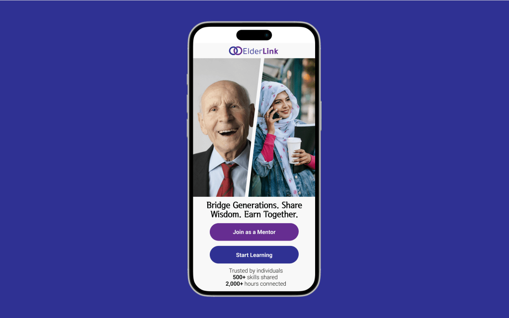 Mobile screen showing the landing page of the Elderlink App. It has two images side by side of an elderly man and a younger muslim woman.