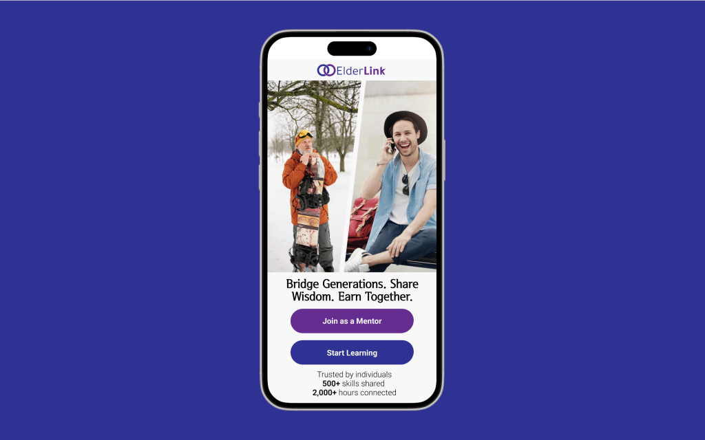A mobile screen showing the Sign up page for the ElderLink App. It has an image of an old man holding a ski board and a young man speaking on the mobile.